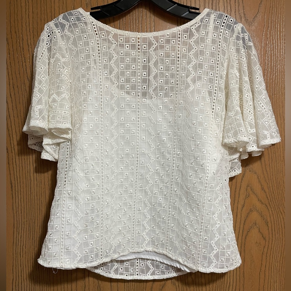 Champagne & Strawberry White Lace Blouse with Flutter Sleeves & Detachable Cami